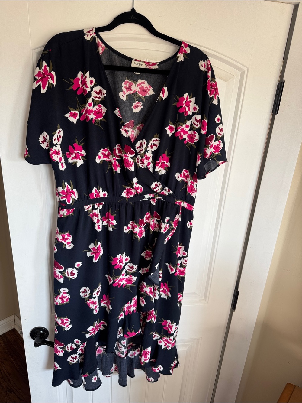 J Crew Navy Midi Dress with Fuchsia Floral Print